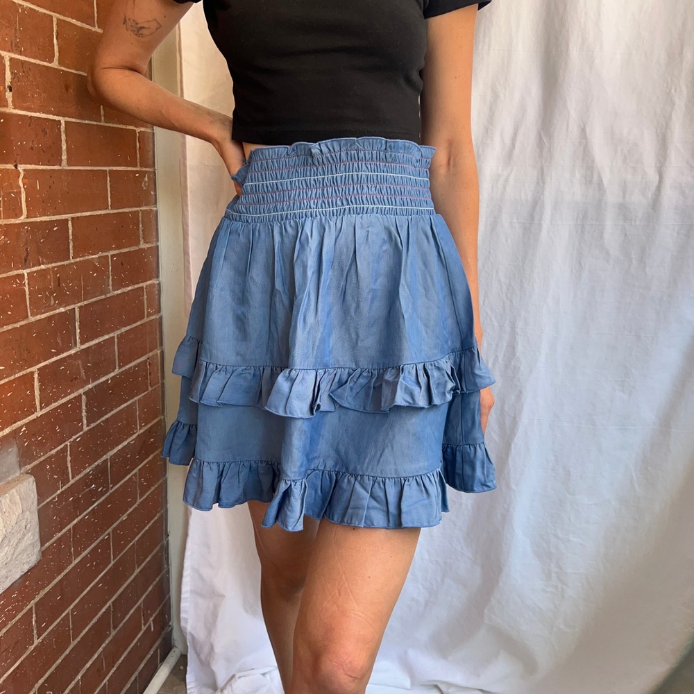 BCBGeneration Blue Ruffle Mini Skirt High Waist Tiered Woven Medium NWT